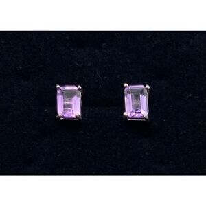 Sterling Silver Amethyst Emerald Cut Stud Earrings Purple 7x5mm